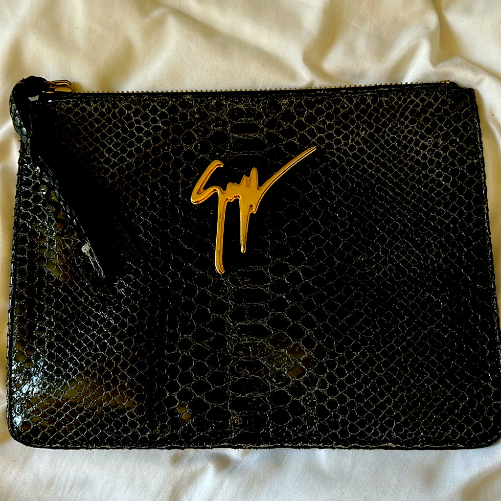 Black Clutch. Black Snake Skin Print With Gold Giuseppe Logo